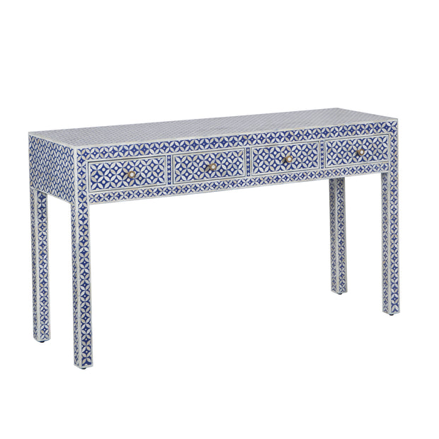 Bone Inlay 4 Drawer Hall Table or Side Table -  Indigo Blue