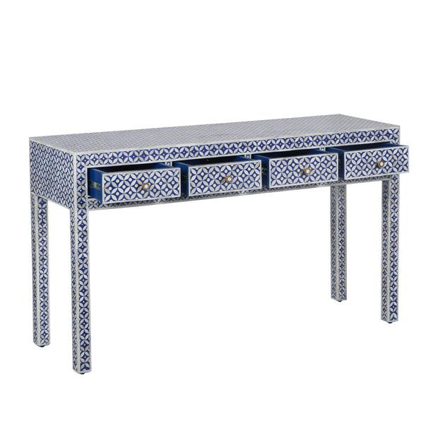 Bone Inlay 4 Drawer Hall Table or Side Table -  Indigo Blue