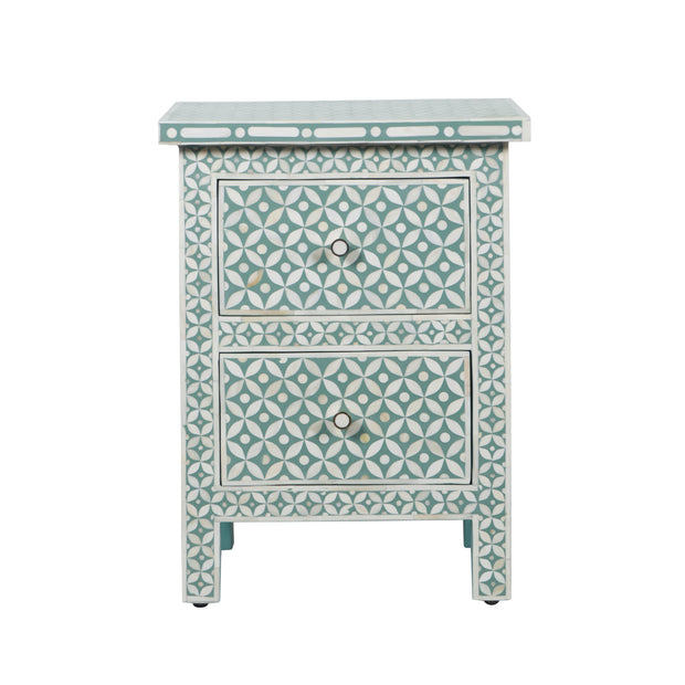 Bone Inlay Bedside Table, 2 Drawer - Geometric Sage Green