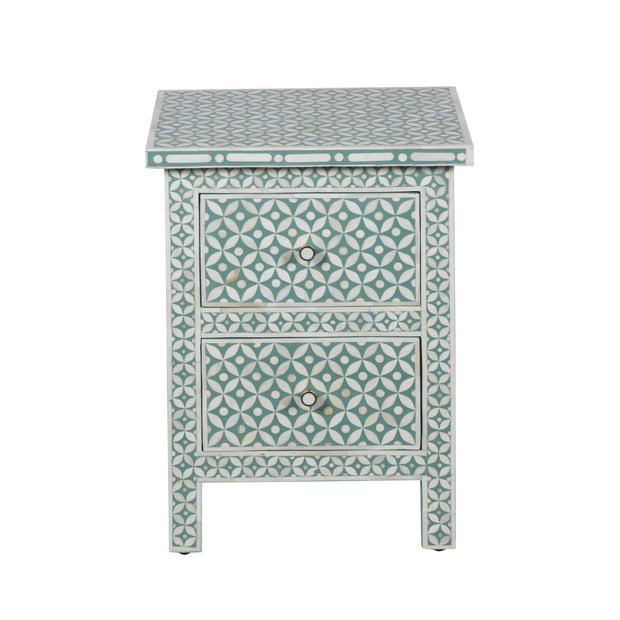 Bone Inlay Bedside Table, 2 Drawer - Geometric Sage Green