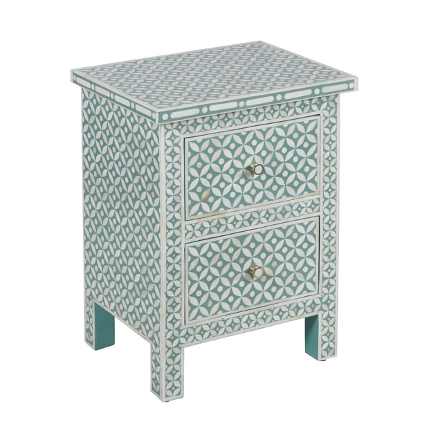 Bone Inlay Bedside Table, 2 Drawer - Geometric Sage Green