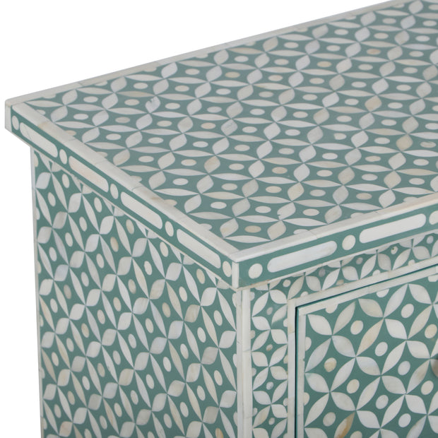 Bone Inlay Bedside Table, 2 Drawer - Geometric Sage Green