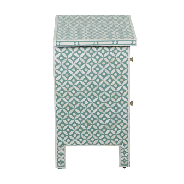 Bone Inlay Bedside Table, 2 Drawer - Geometric Sage Green