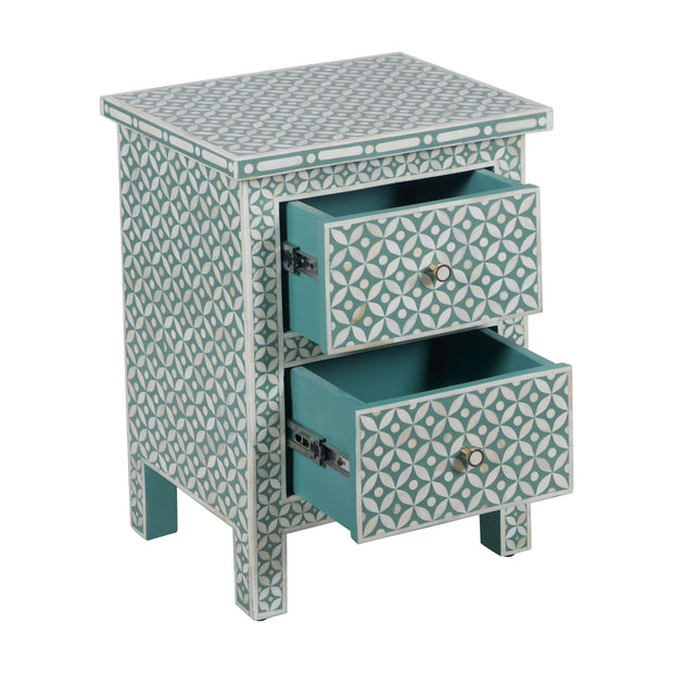 Bone Inlay Bedside Table, 2 Drawer - Geometric Sage Green