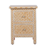 Bone Inlay Bedside Table, 2 Drawer - Geometric Almond