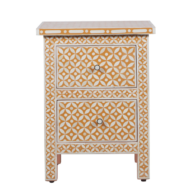Bone Inlay Bedside Table, 2 Drawer - Geometric Almond