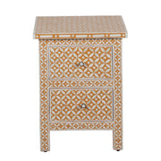 Bone Inlay Bedside Table, 2 Drawer - Geometric Almond