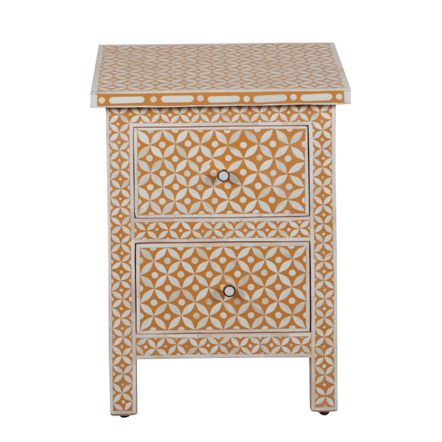 Bone Inlay Bedside Table, 2 Drawer - Geometric Almond