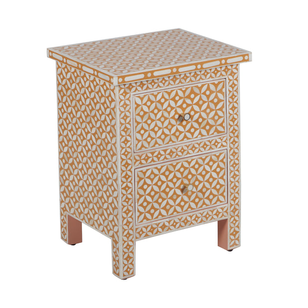 Bone Inlay Bedside Table, 2 Drawer - Geometric Almond
