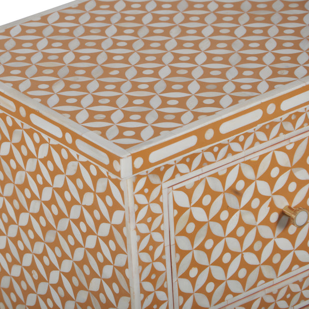 Bone Inlay Bedside Table, 2 Drawer - Geometric Almond