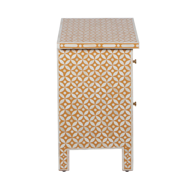 Bone Inlay Bedside Table, 2 Drawer - Geometric Almond