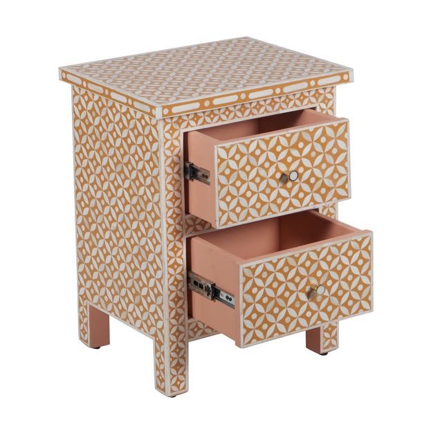 Bone Inlay Bedside Table, 2 Drawer - Geometric Almond