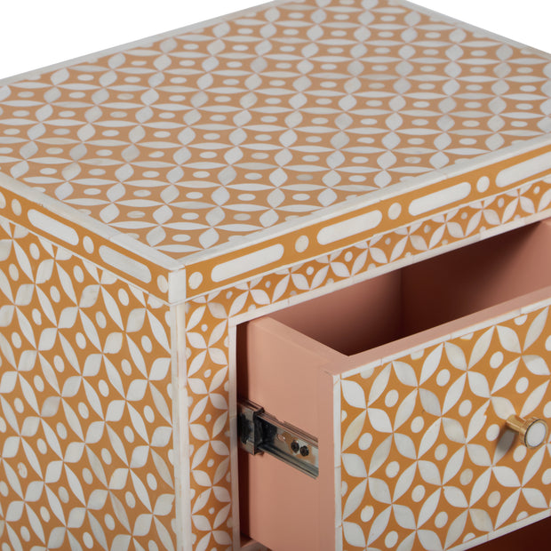 Bone Inlay Bedside Table, 2 Drawer - Geometric Almond