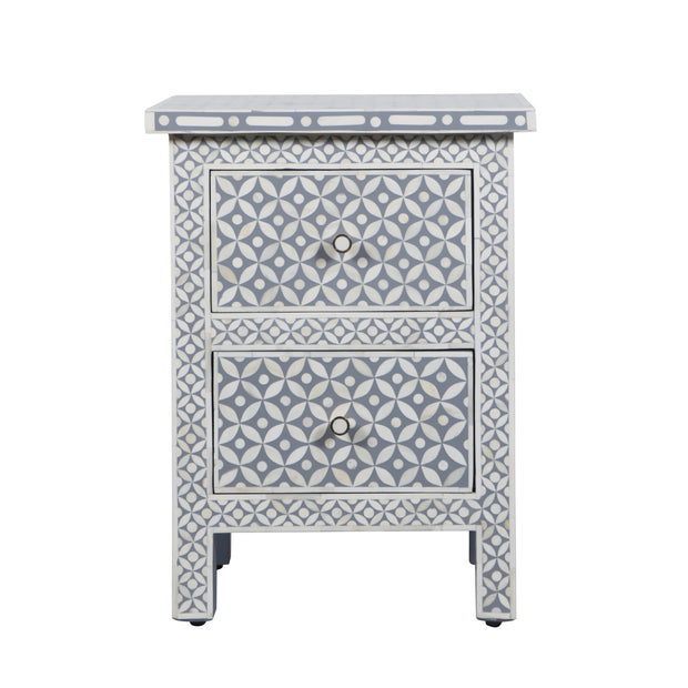 Bone Inlay Bedside Table, 2 Drawer - Geometric Grey