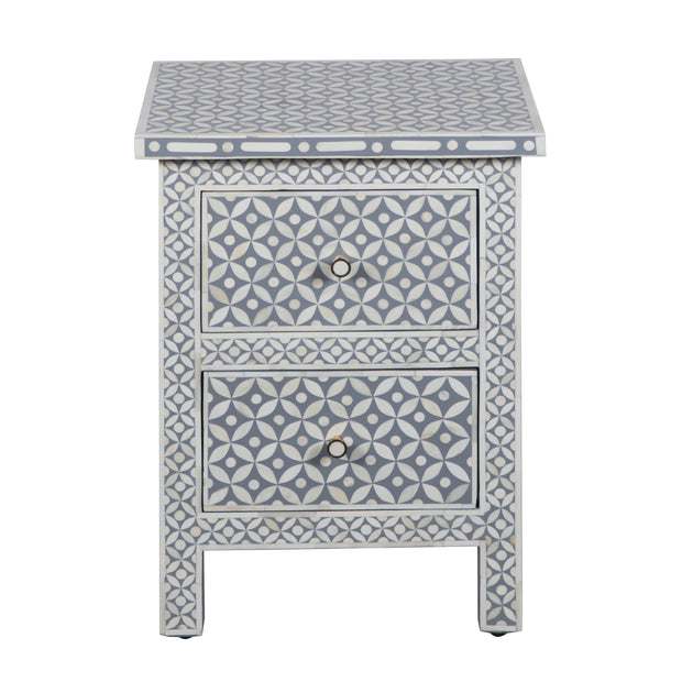 Bone Inlay Bedside Table, 2 Drawer - Geometric Grey