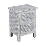 Bone Inlay Bedside Table, 2 Drawer - Geometric Grey