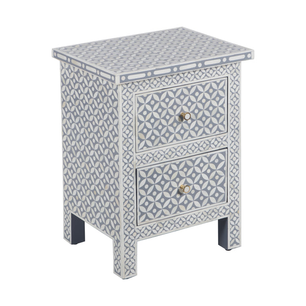 Bone Inlay Bedside Table, 2 Drawer - Geometric Grey