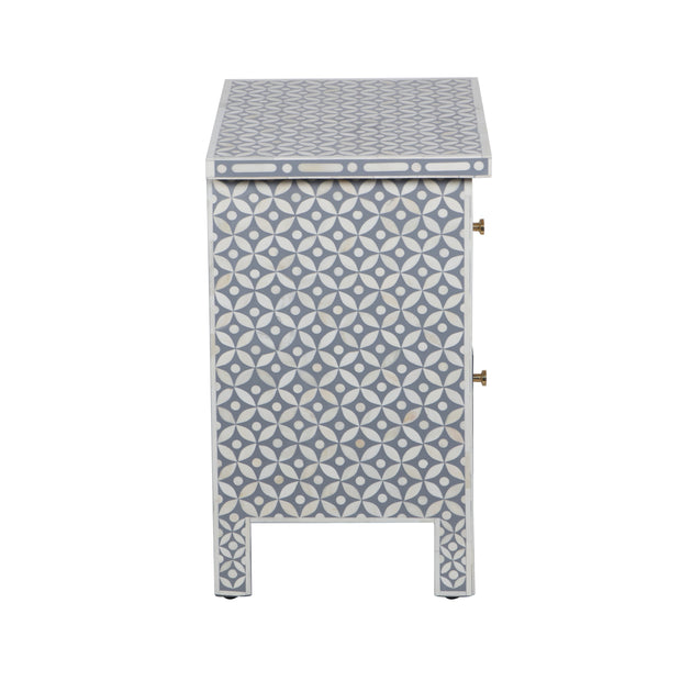 Bone Inlay Bedside Table, 2 Drawer - Geometric Grey