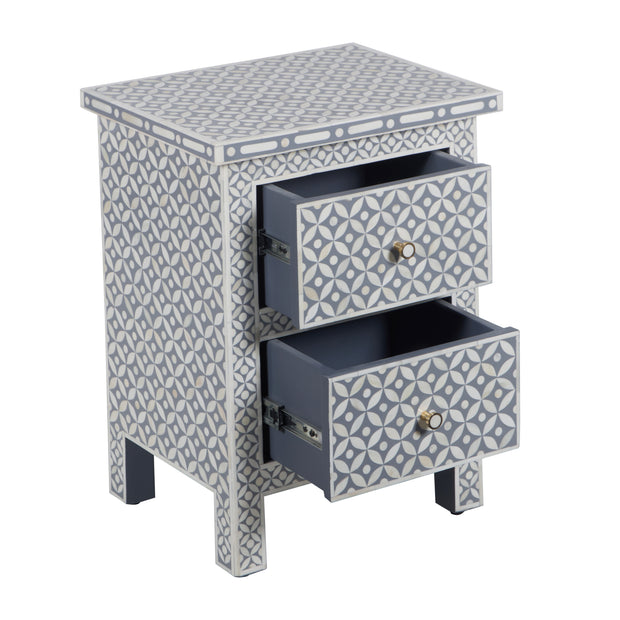 Bone Inlay Bedside Table, 2 Drawer - Geometric Grey
