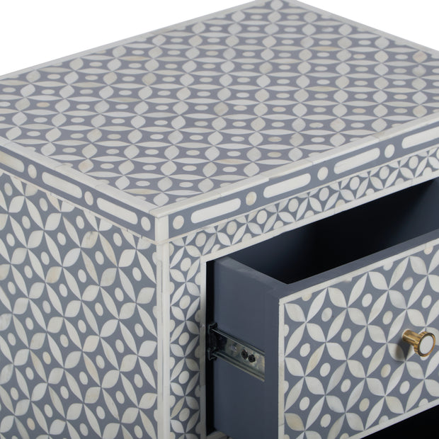 Bone Inlay Bedside Table, 2 Drawer - Geometric Grey