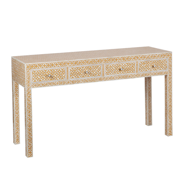 Bone Inlay 4 Drawer Hall Table or Side Table - Almond Geometric