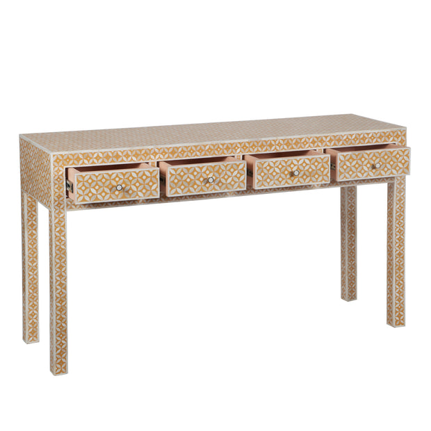 Bone Inlay 4 Drawer Hall Table or Side Table - Almond Geometric