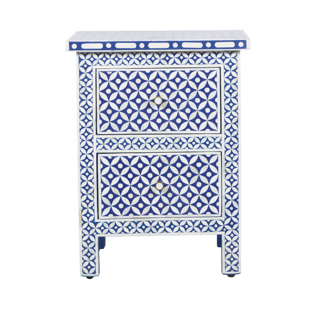 Bone Inlay Bedside Table, 2 Drawer - Indigo Blue