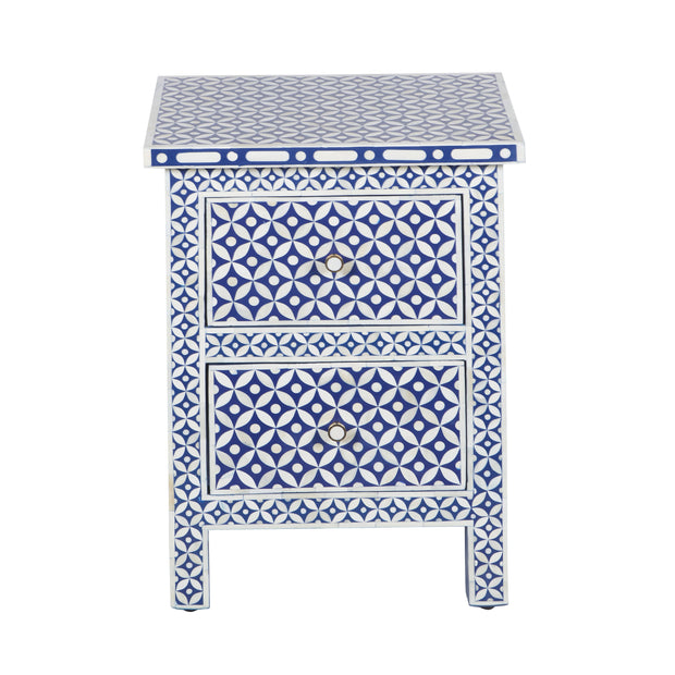 Bone Inlay Bedside Table, 2 Drawer - Indigo Blue