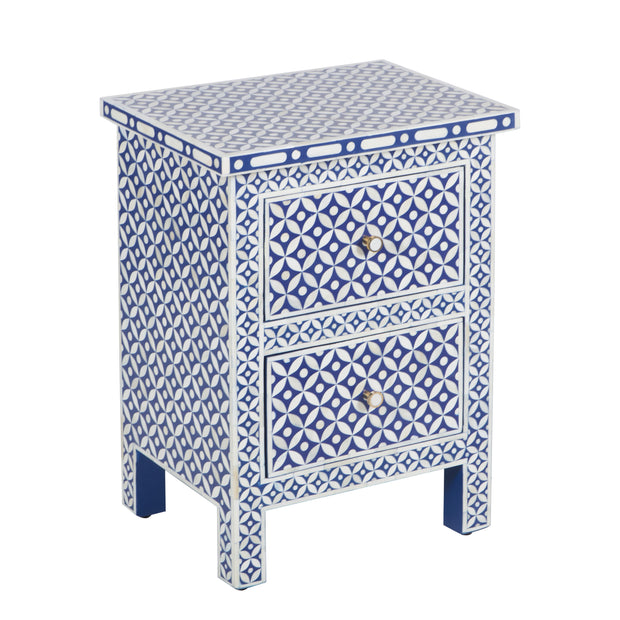 Bone Inlay Bedside Table, 2 Drawer - Indigo Blue
