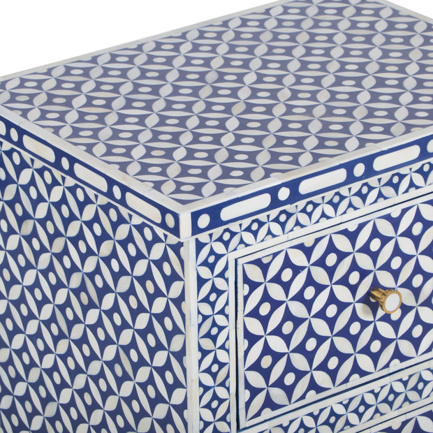 Bone Inlay Bedside Table, 2 Drawer - Indigo Blue