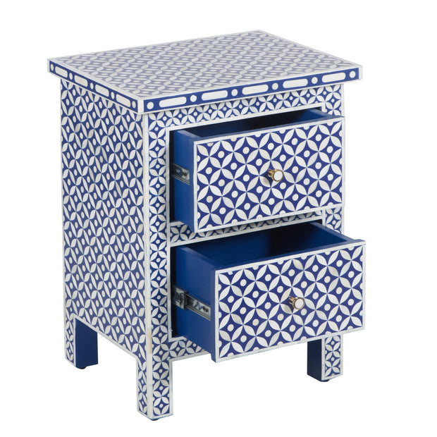 Bone Inlay Bedside Table, 2 Drawer - Indigo Blue