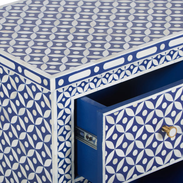 Bone Inlay Bedside Table, 2 Drawer - Indigo Blue