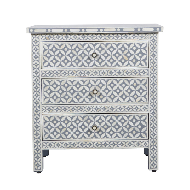 Bone Inlay Large 3 Drawer Bedside Table - Grey Geometric - Abacus and Hunt