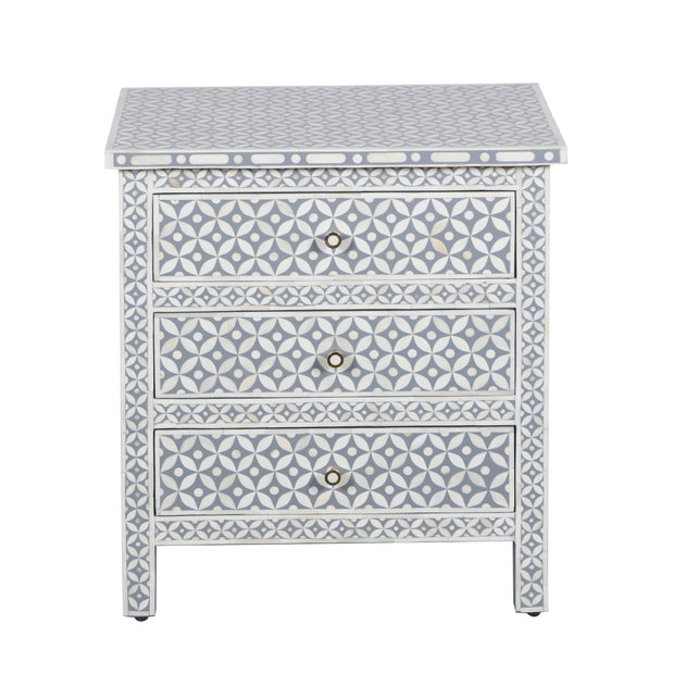 Bone Inlay Large 3 Drawer Bedside Table - Grey Geometric - Abacus and Hunt