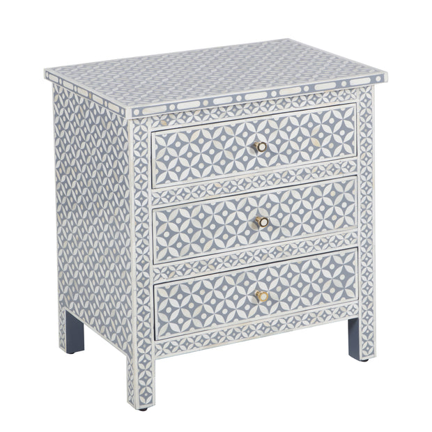 Bone Inlay Large 3 Drawer Bedside Table - Grey Geometric - Abacus and Hunt