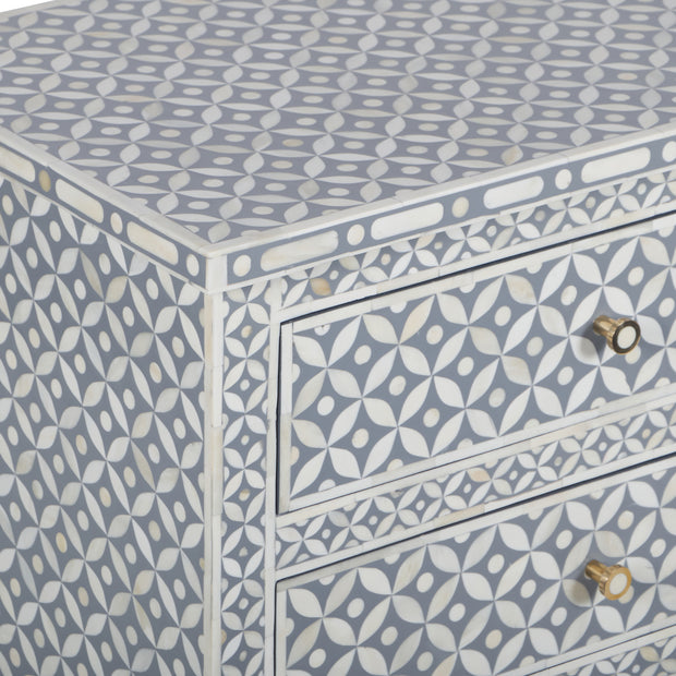 Bone Inlay Large 3 Drawer Bedside Table - Grey Geometric - Abacus and Hunt
