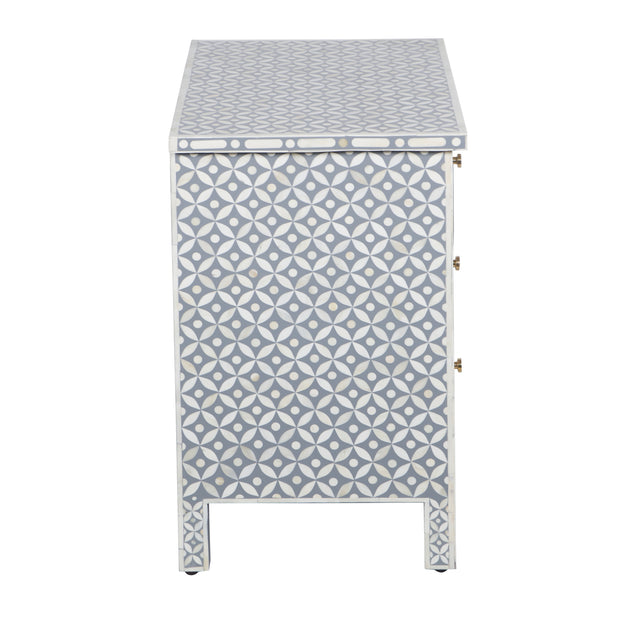 Bone Inlay Large 3 Drawer Bedside Table - Grey Geometric - Abacus and Hunt