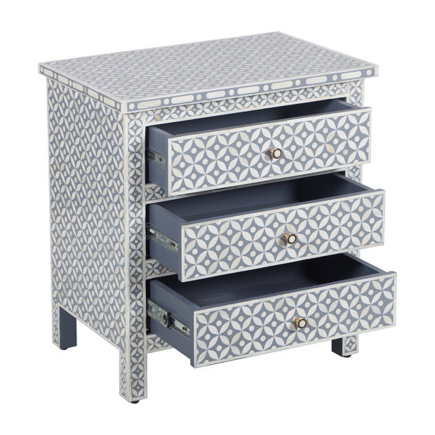 Bone Inlay Large 3 Drawer Bedside Table - Grey Geometric - Abacus and Hunt