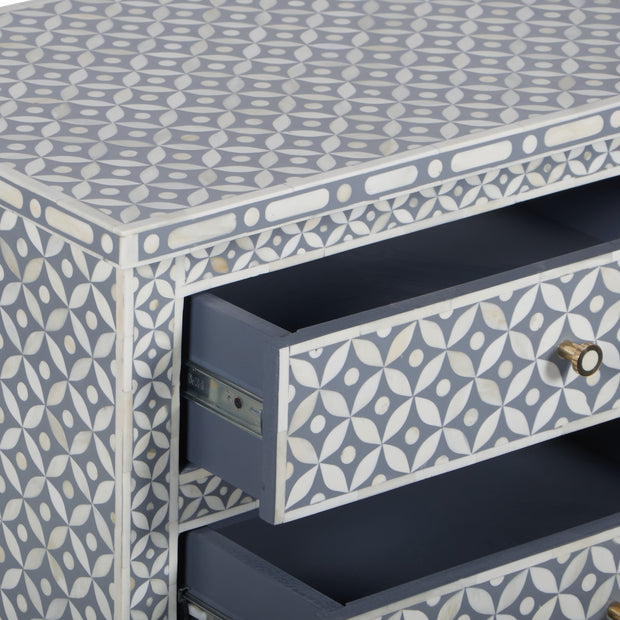 Bone Inlay Large 3 Drawer Bedside Table - Grey Geometric - Abacus and Hunt