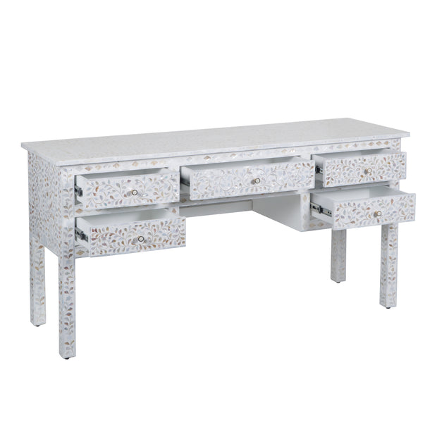 Mother of Pearl Inlay 5 Drawer Desk - White Floral
