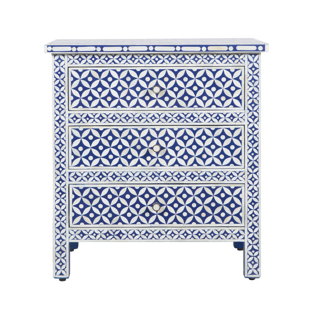 Bone Inlay Large 3 Drawer Bedside - Geometric Indigo Blue
