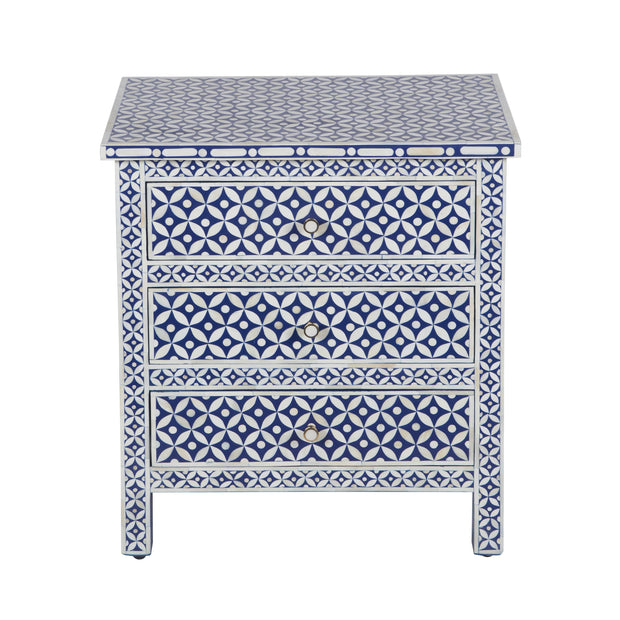 Bone Inlay Large 3 Drawer Bedside - Geometric Indigo Blue