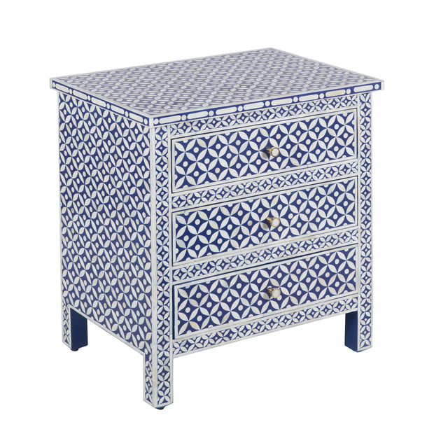 Bone Inlay Large 3 Drawer Bedside - Geometric Indigo Blue