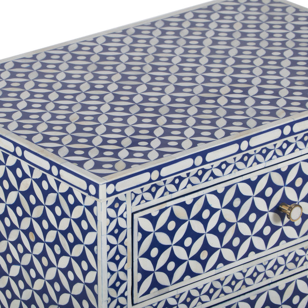 Bone Inlay Large 3 Drawer Bedside - Geometric Indigo Blue