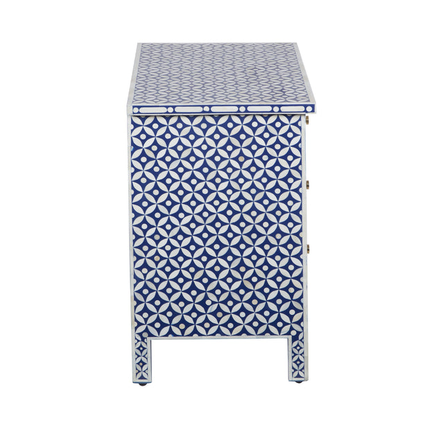 Bone Inlay Large 3 Drawer Bedside - Geometric Indigo Blue