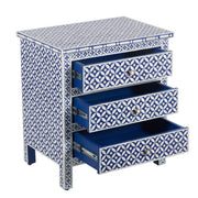 Bone Inlay Large 3 Drawer Bedside - Geometric Indigo Blue
