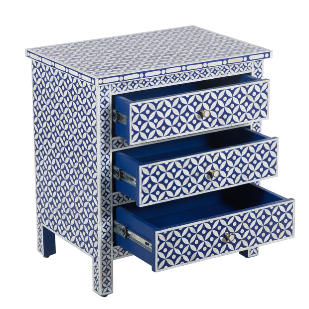 Bone Inlay Large 3 Drawer Bedside - Geometric Indigo Blue