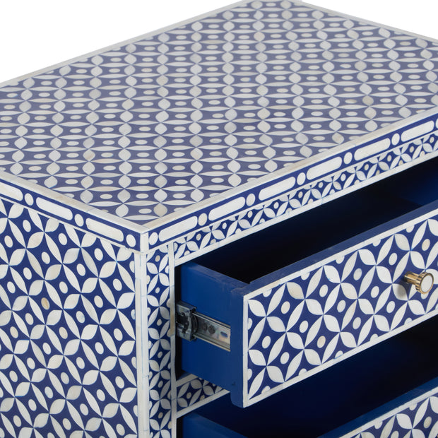 Bone Inlay Large 3 Drawer Bedside - Geometric Indigo Blue