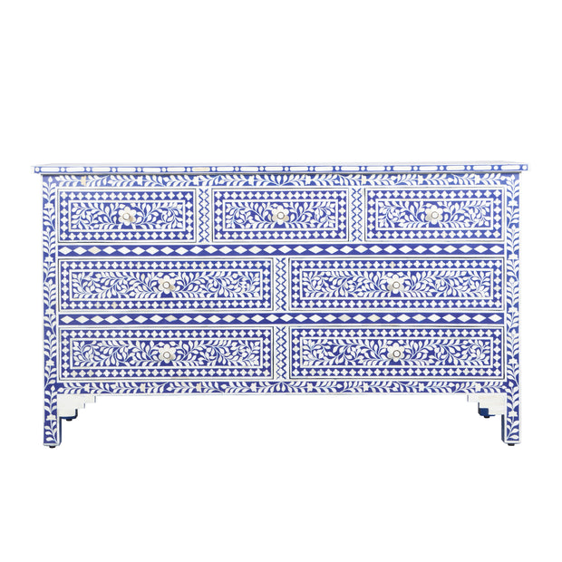 Bone Inlay 7 Drawer Chest of Drawers - Indigo Blue Floral