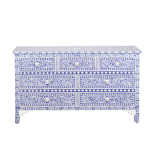 Bone Inlay 7 Drawer Chest of Drawers - Indigo Blue Floral